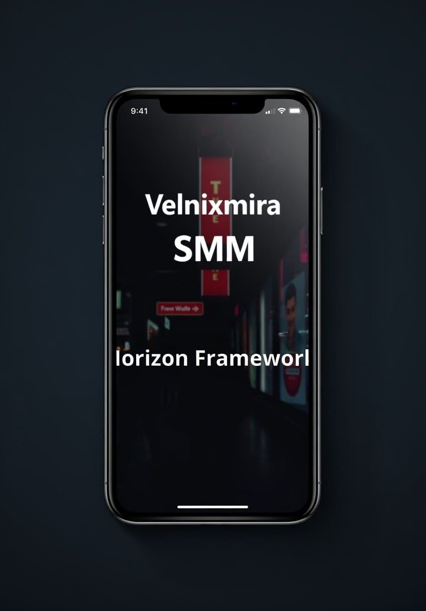 Phone screen displaying 'Velnixmira SMM' and 'Horizon Framework' on a dark background