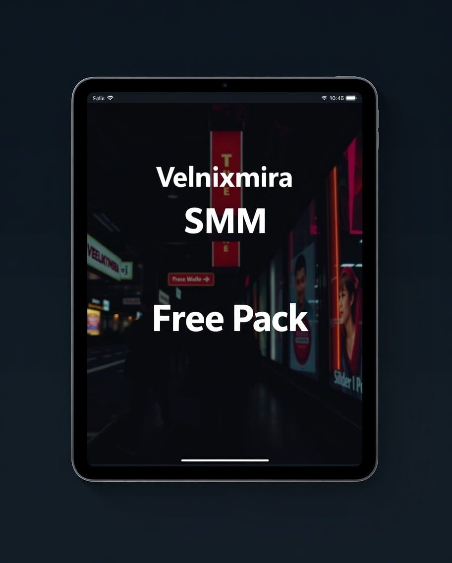 Tablet displaying 'Velnixmira SMM Free Pack' on a dark background