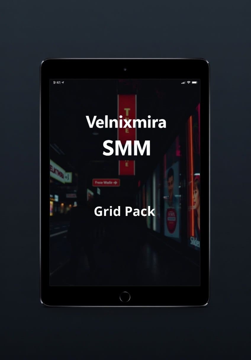 Tablet displaying 'Velnixmira SMM Grid Pack' on a dark background