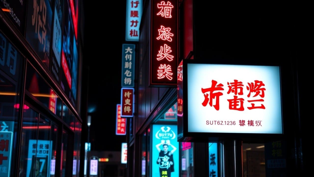 Neon signs on a street at night with Chinese characters