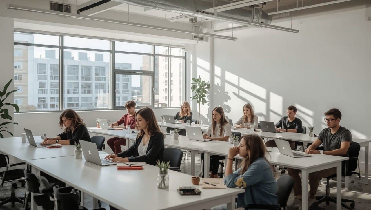 People working in a modern office with large windows