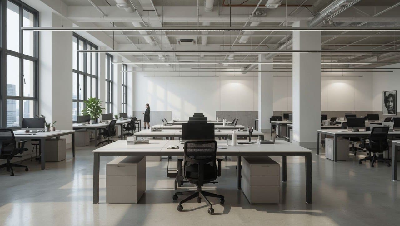 Modern office space with desks, chairs, and large windows.