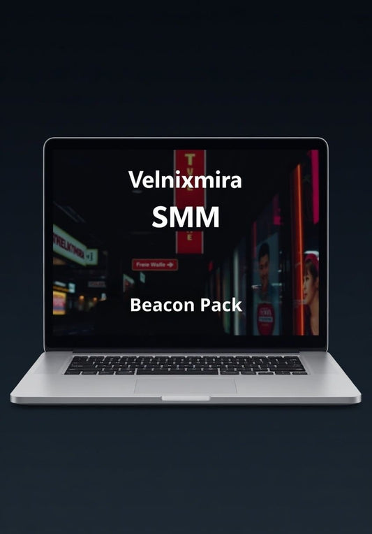 Laptop displaying 'Velnixmira SMM Beacon Pack' on a dark background