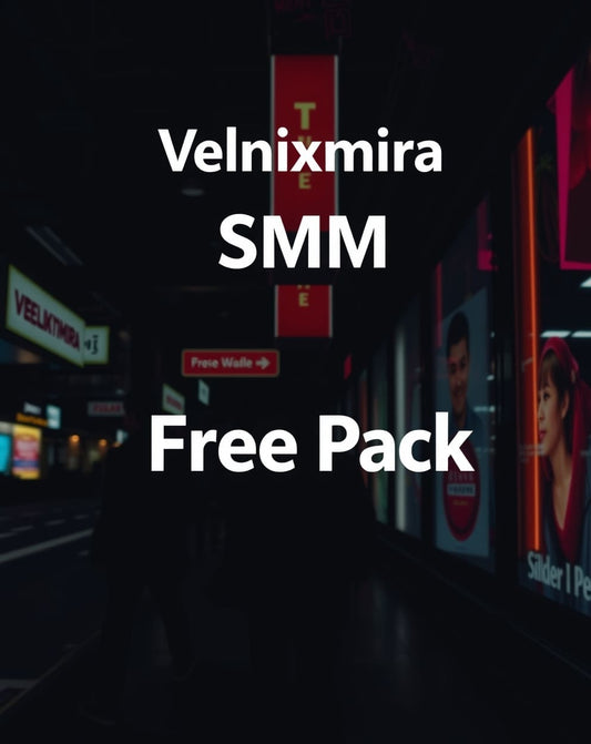 Dark street scene with illuminated signs and text overlay 'Velnixmira SMM Free Pack'.