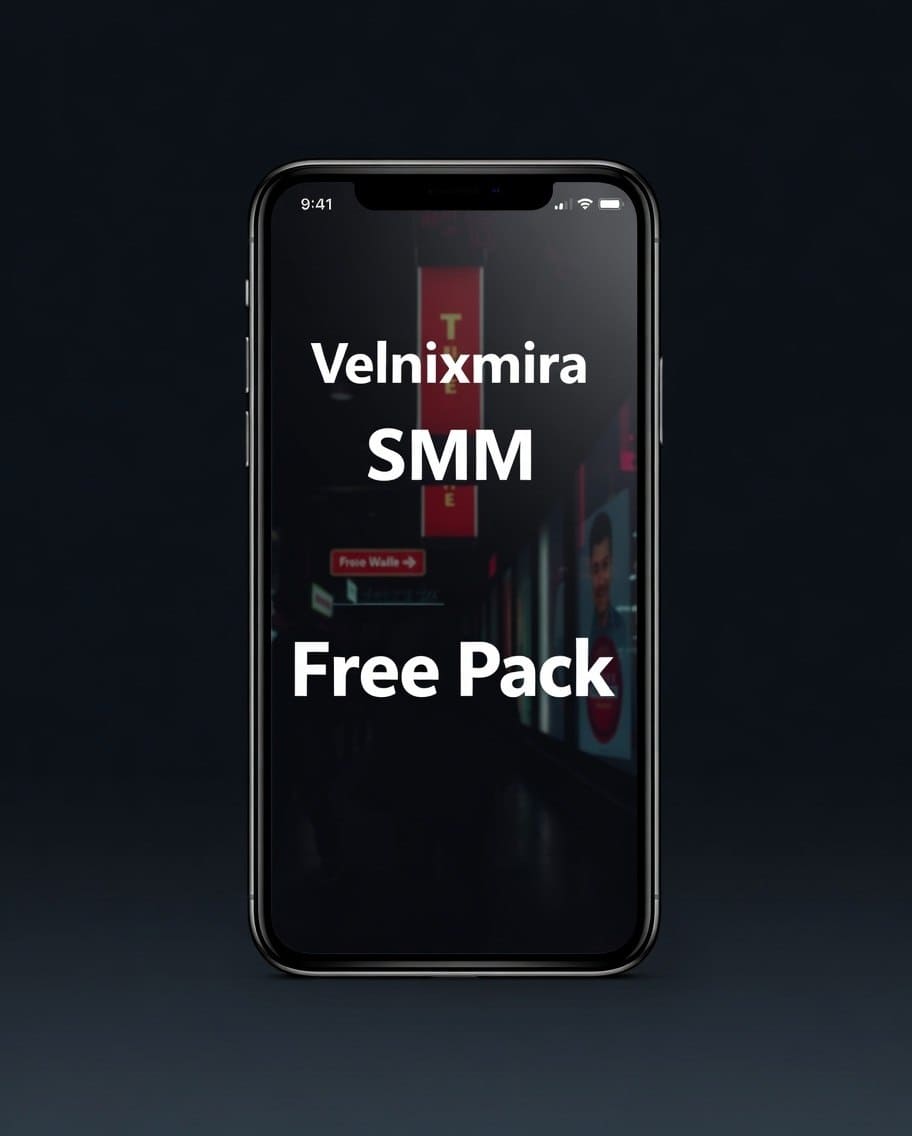 Phone displaying Velnixmira SMM Free Pack on a dark background