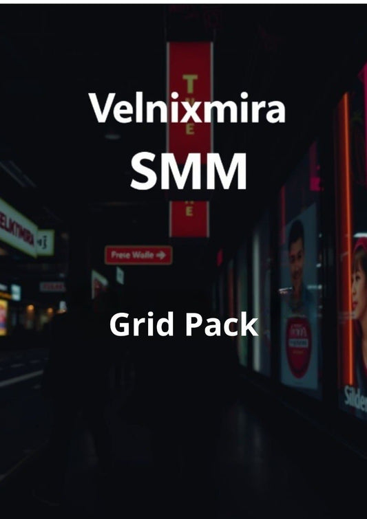 Dark urban street scene with illuminated signs and advertisements, featuring the text 'Velnixmira SMM Grid Pack'.