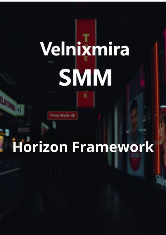 Dark urban street with illuminated signs and text overlay 'Velnixmira SMM Horizon Framework'.