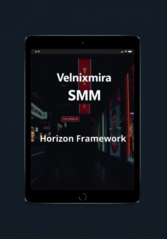Tablet displaying 'Velnixmira SMM Horizon Framework' on a dark background