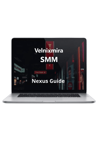 Laptop displaying 'Velnixmira SMM Nexus Guide' on a transparent background