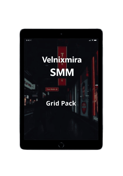 Tablet displaying 'Velnixmira SMM Grid Pack' on a dark screen with a cityscape background.