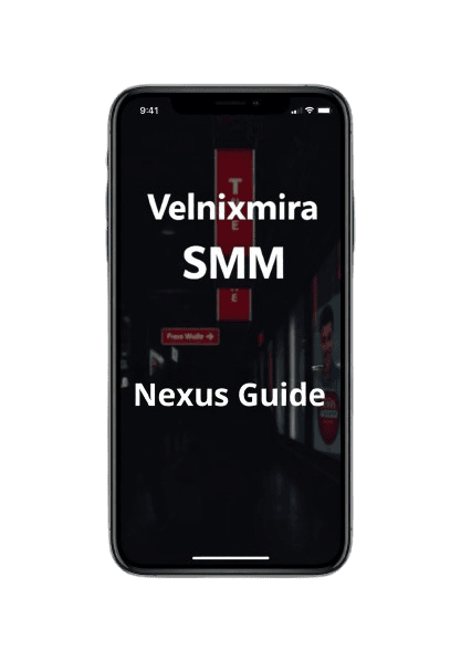 Phone screen displaying 'Velnixmira SMM Nexus Guide' on a black background