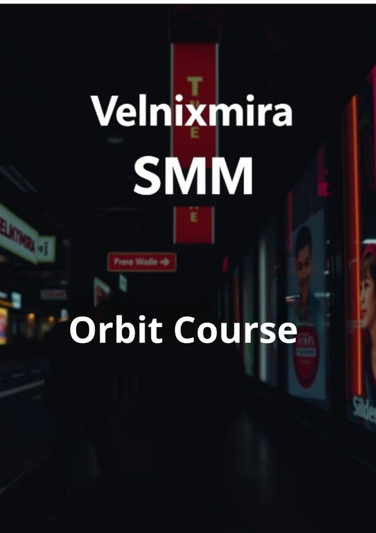 Dark urban street scene with illuminated signs and text overlay 'Velnixmira SMM Orbit Course'.