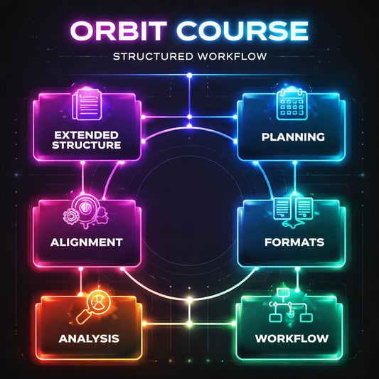 Neon-colored diagram of 'Orbit Course' structured workflow with six stages on a dark background.