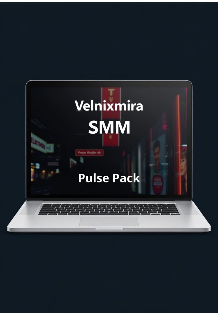 Laptop displaying 'Velnixmira SMM Pulse Pack' on a dark background