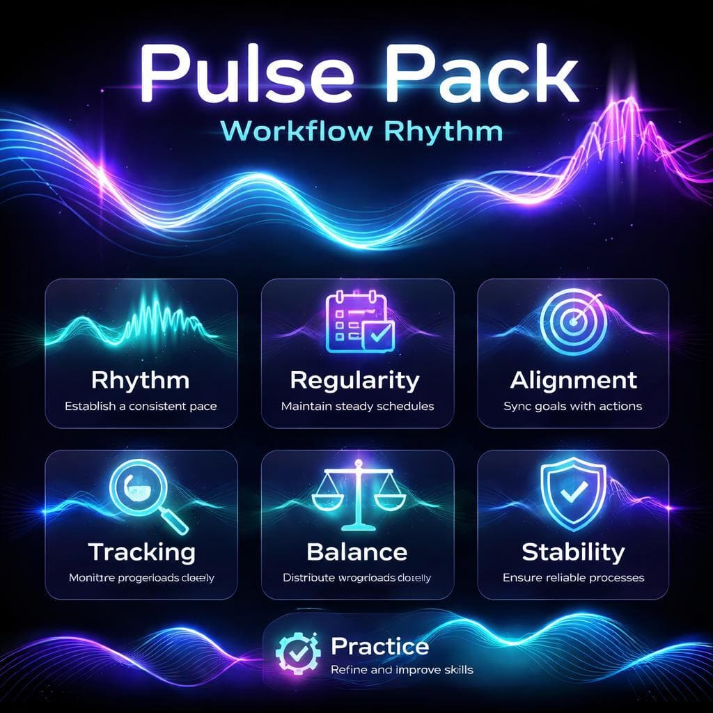 Pulse Pack Workflow Rhythm diagram with icons and descriptions on a dark background